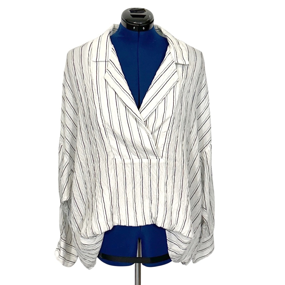 Anthropologie Blouse Striped Oversized V-Neck XL White Black Long Sleeve Boho